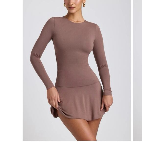 Oh Polly Dresses & Skirts - Oh Polly NEW Coco Modal Ruched Crew Neck Mini Dress in Taupe Medium